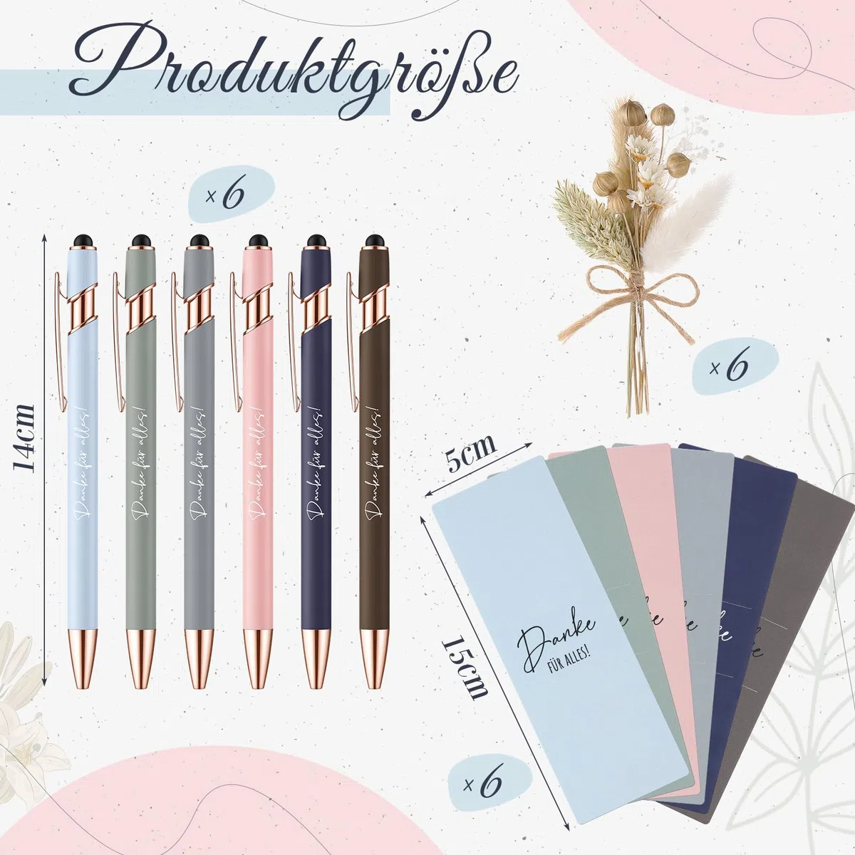 Hestya 6 Sets Grazie di Tutto, Regali per Colleghi Insegnanti Include Penna a Sfera Touchscreen con Incisione Bouquet di Fiori Veri Secchi Portapenne per Regalo di Addio