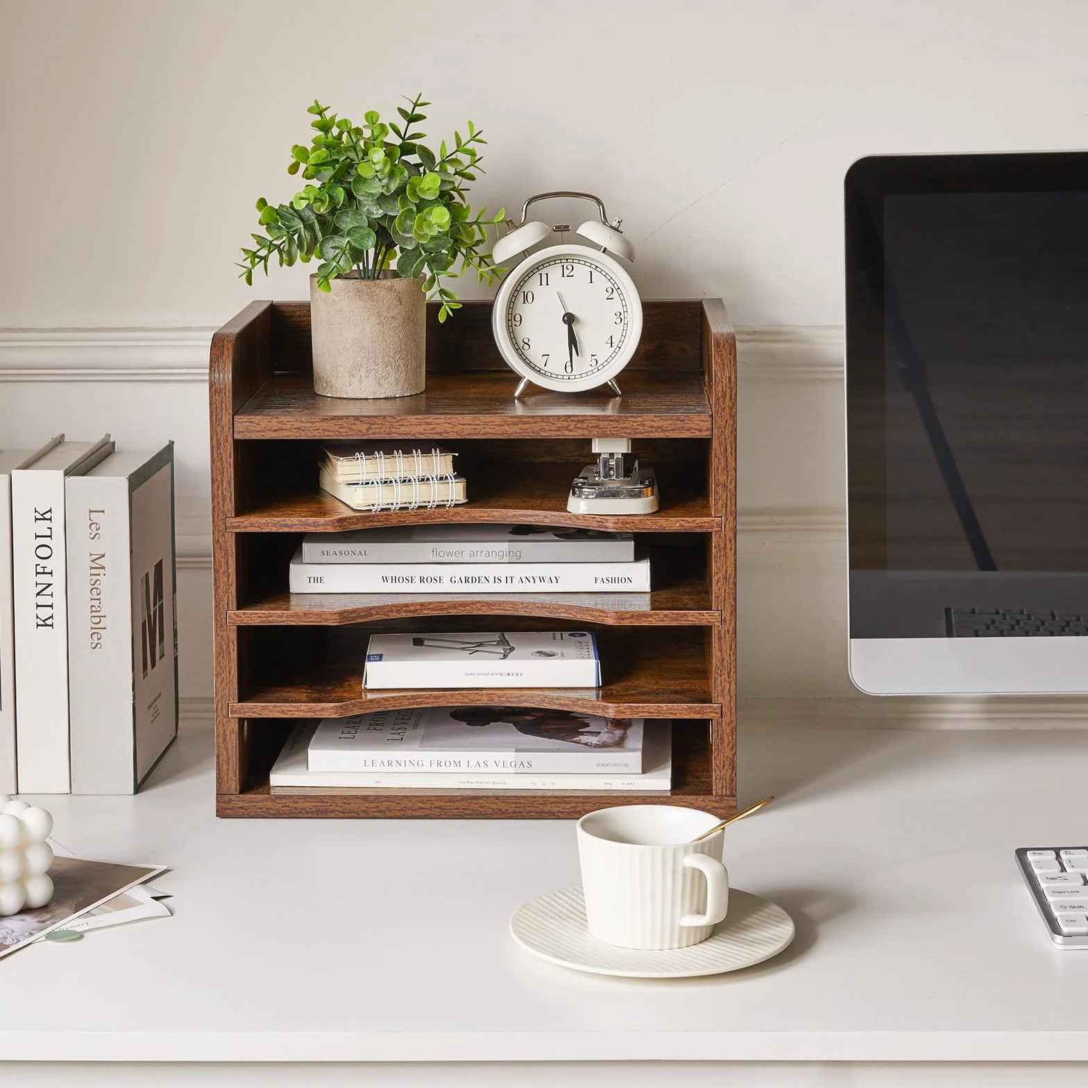 YMYNY Organizer da Scrivania in Legno, Portaoggetti da scrivania con 3 Ripiani Regolabili, per Scuola, Ufficio, per Formato A4 Documenti Archiviazione, 34 x 23 x 31.5CM Marrone Rustico HBC006H