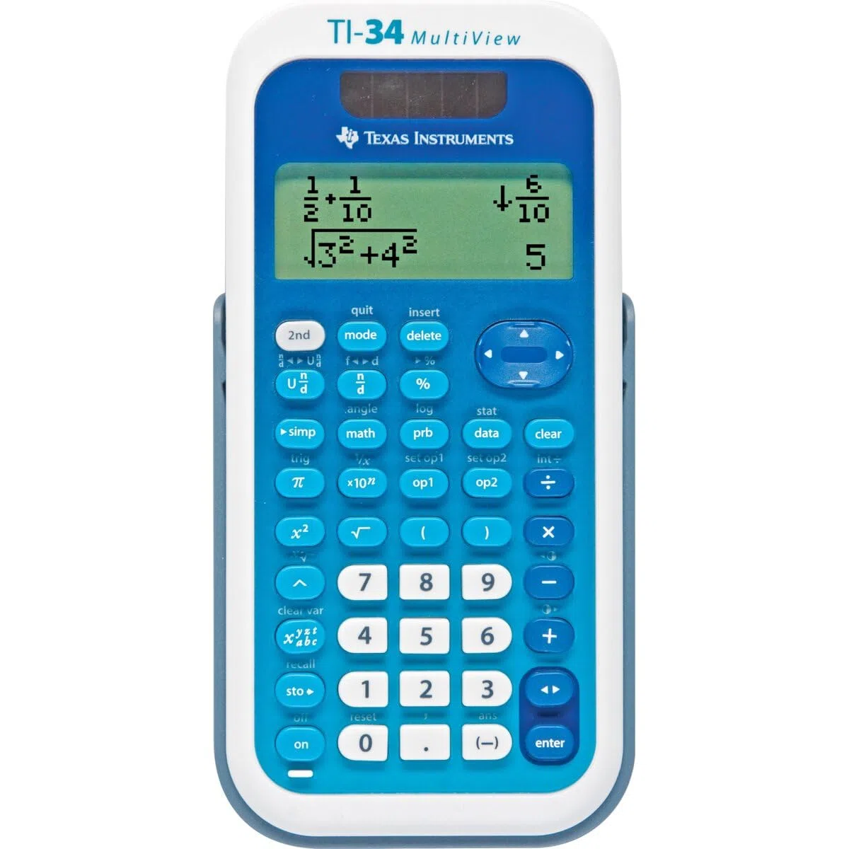 TEXAS INSTRUMENTS TI-34 MV - Calcolatrice scolastica (MMulti View, display a 4 righe, funzionamento solare e a batteria) blu/bianco