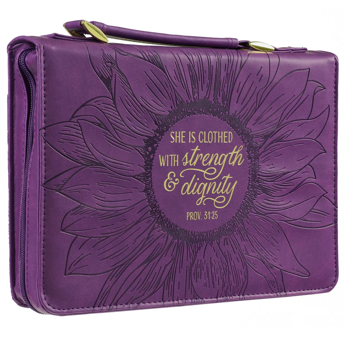 Christian Art Gifts Moda Donna Bibbia Cover Forza e Dignità Proverbi 31:25, Viola/Oro Girasole Ecopelle, Medio