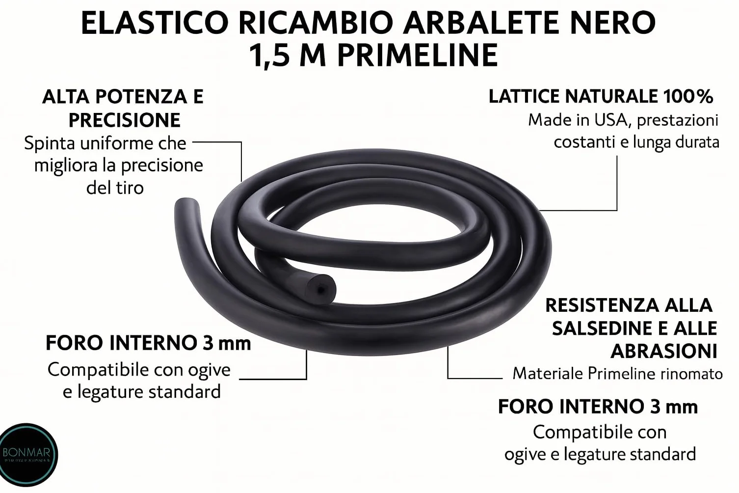 Elastico Ricambio Arbalete Nero Ø 14.5 mm x 1.5 mt PRIMELINE – Lattice Naturale 100% – Alta Potenza, Precisione e Resistenza alla Salsedine – Ideale per Fucili Sub e Roller