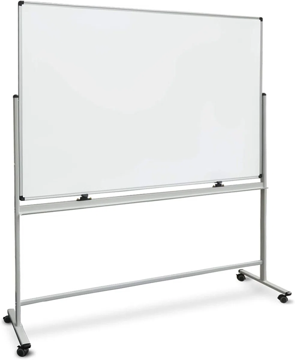 Lavagna magnetica mobile, con telaio e superficie con vernice protettiva, ruote girevoli 120x220 cm bianco