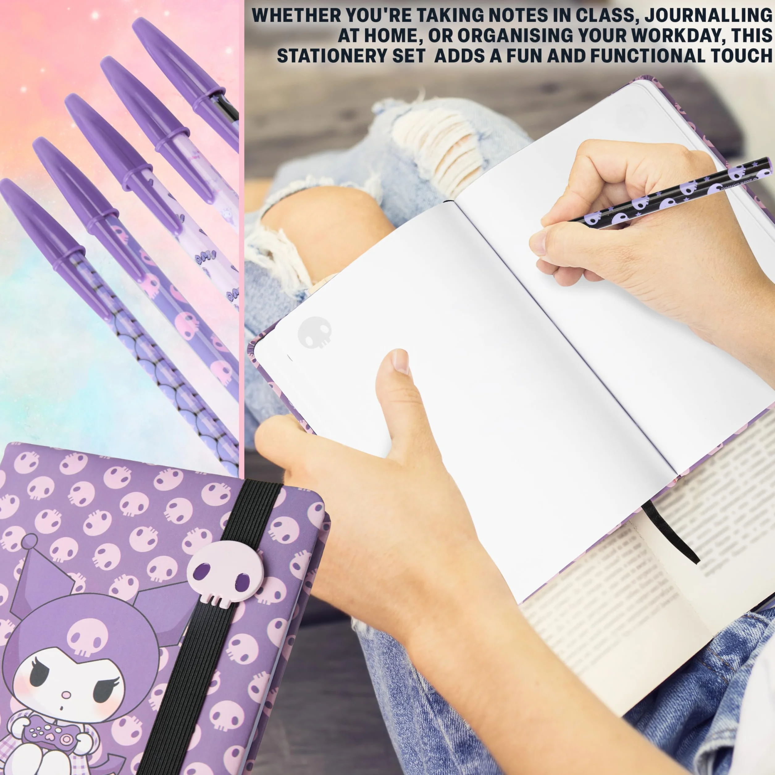 Get Trend Hello Kitty Sanrio Kuromi Set Cancelleria con Quaderno Diario Penna a Sfera Astuccio Matite Stickers Anime Materiale Scolastico e Ufficio (Viola Kuromi)