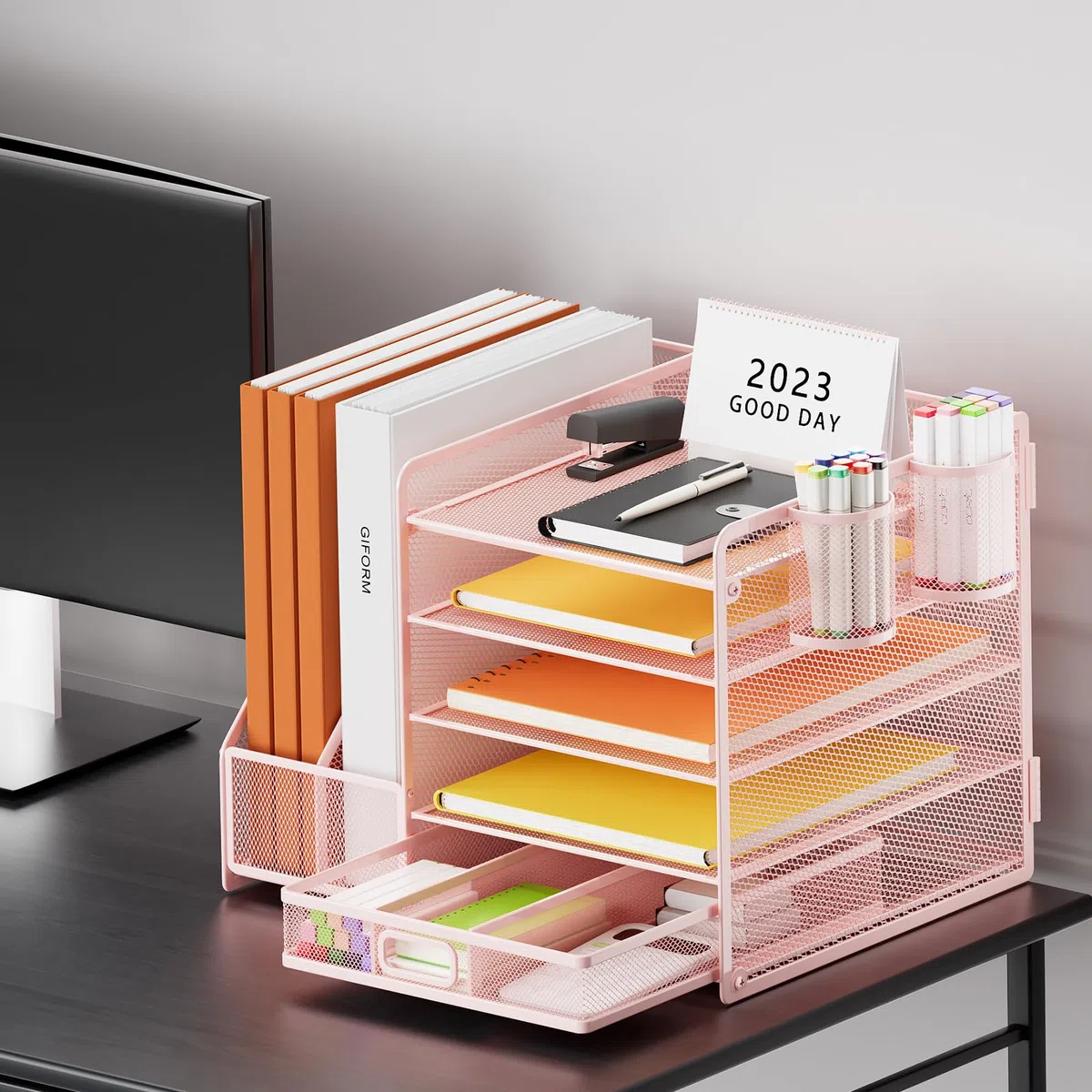 Organizzatore da Scrivania con Portadocumenti, Vassoio per Carta a 5 Ripiani con Cassetto e 2 Portapenne, Organizzatore da Scrivania in Rete con Porta Riviste per Articoli per Ufficio e Casa
