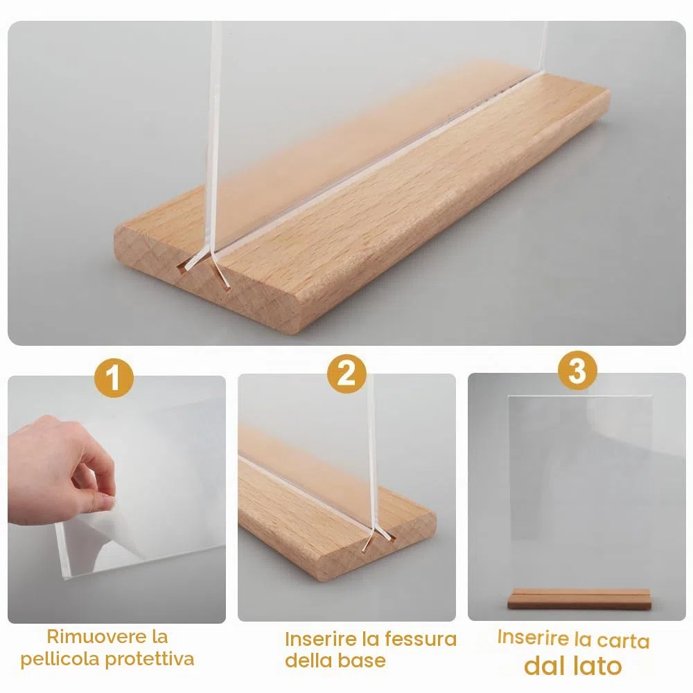 6 pezzi Espositore da Tavolo in Acrilico con Base in Legno Porta Listino A5 Supporto in Acrilico Trasparente, Verticale, Doppio Lato, per Poster, Volantini, Menù