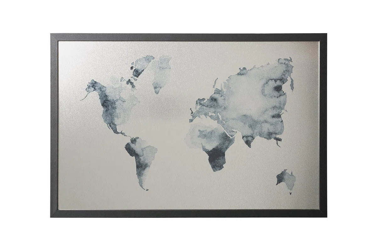 Bi-Office, Lavagna Ink Mappa del Mondo, Finitura Argento Magnetica Cancellabile a Secco, Cornice Nera MDF, 60x40cm