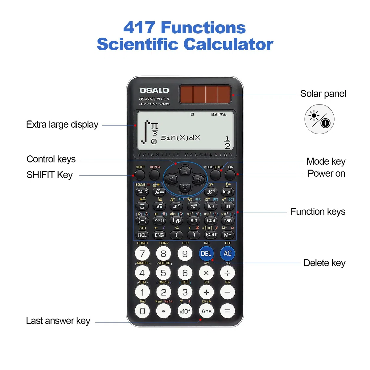 OSALO Calcolatrice scientifica 417 Funzione 10+2 cifre Display Scritto Solare e Batteria Calcolatrice Custodia Protettiva per Scuola Nero (OS 991ES Plus 2nd Edition)