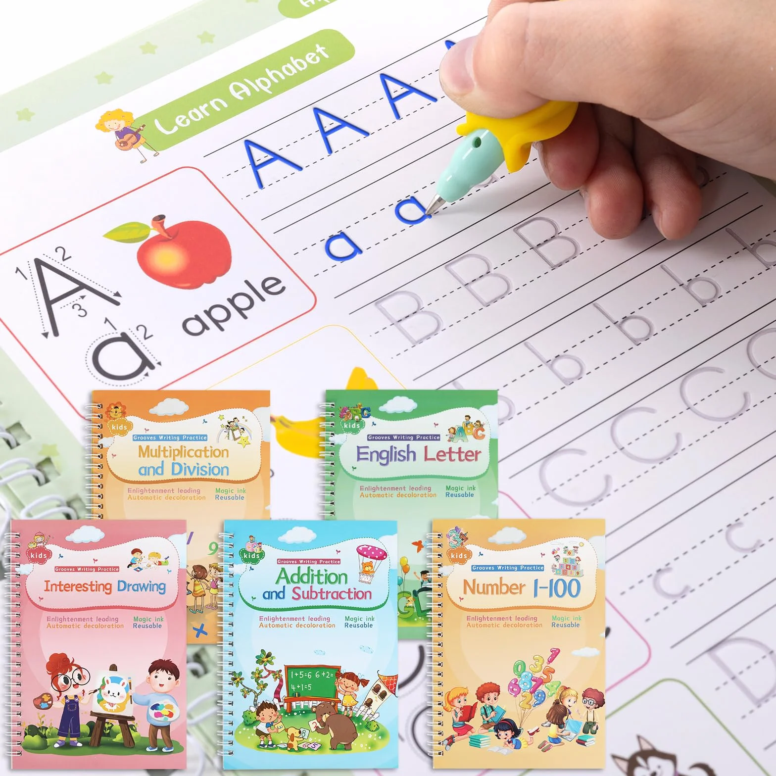 Libro di lavoro per scrivere a mano magica, quaderno di pratica, penna magica riutilizzabile con scanalature per bambini (4 libri, 25 x 19 cm)