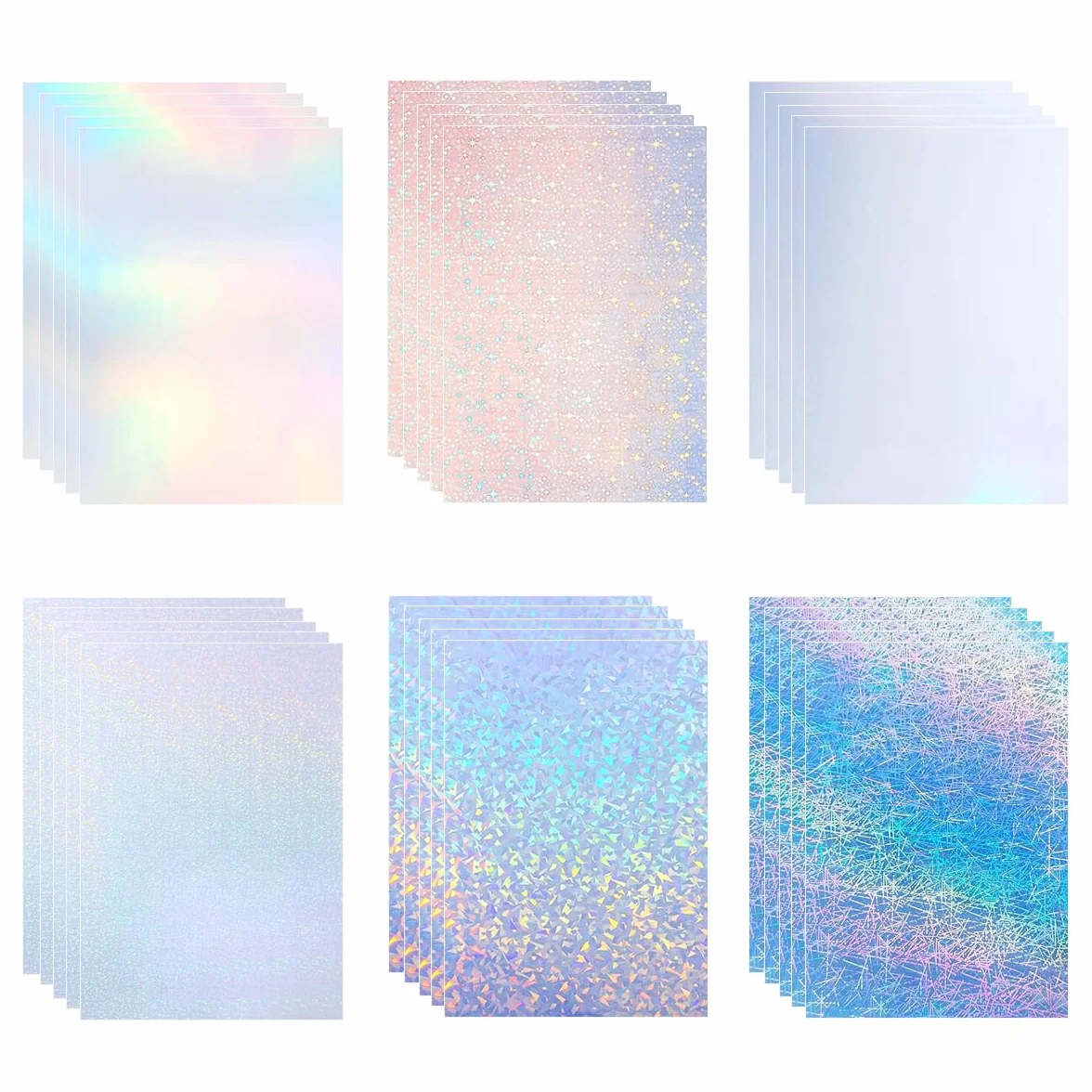 Carta adesiva olografica stampabile, 30 fogli 6 disegni formato A4 (21 x 29,7 cm), autoadesivo impermeabile, si asciuga rapidamente e scintillante, per stampanti a getto d'inchiostro/laser