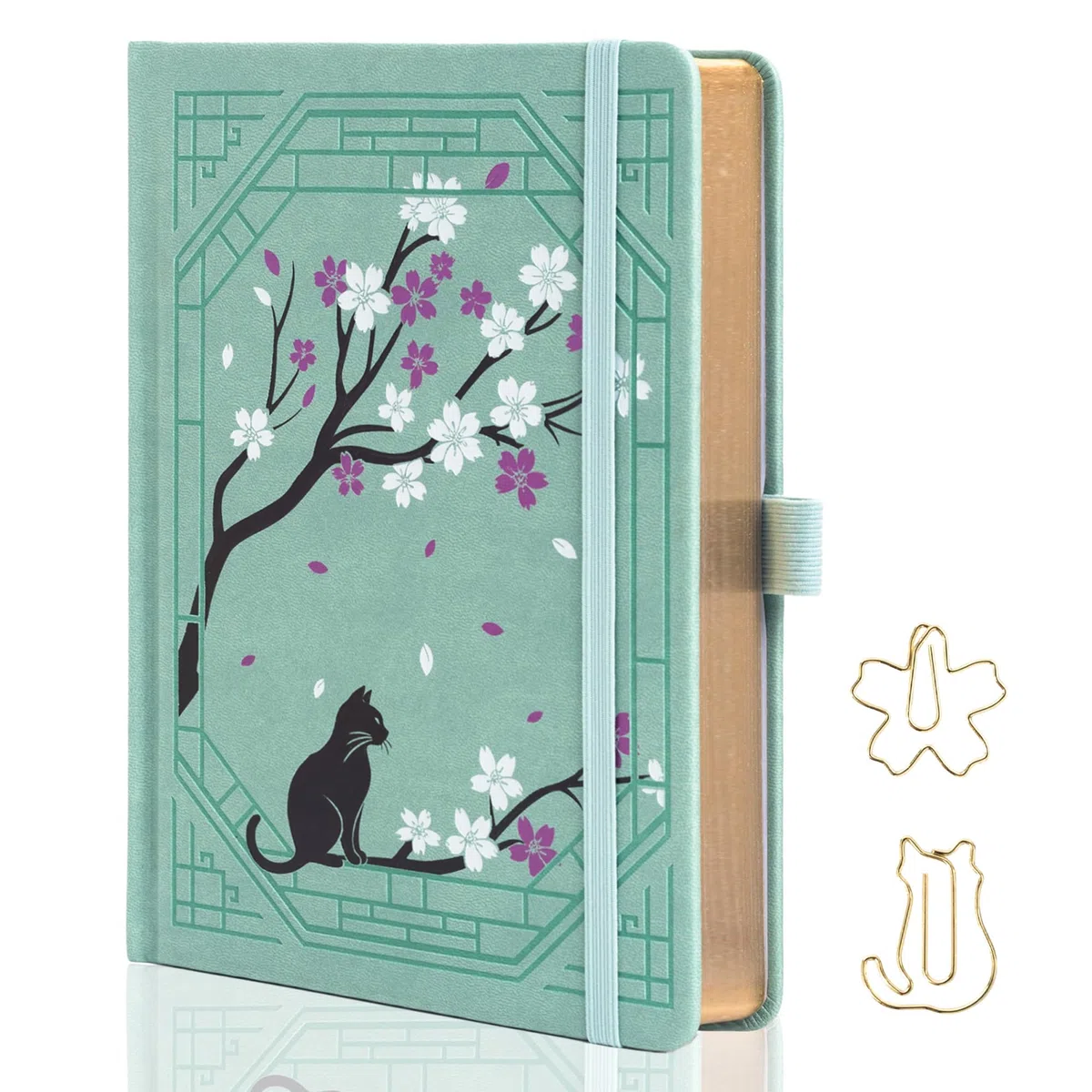 TIEFOSSI A5 Diario a Righe, Diario Carino con Gatti per Donne e Ragazze, Quaderno a Righe con Grazioso Motivo Sakura, Quaderno Estetico per Scrivere, Tenere un Journal e Disegnare, Bordi Dorati