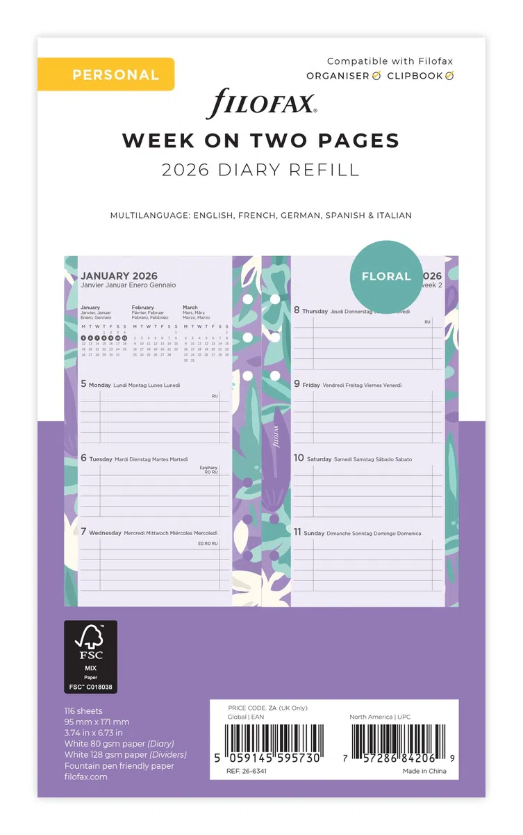 Filofax Agenda 2026 personale illustrata floreale settimana su 2 pagine, 5 lingue, confezione 26-6341