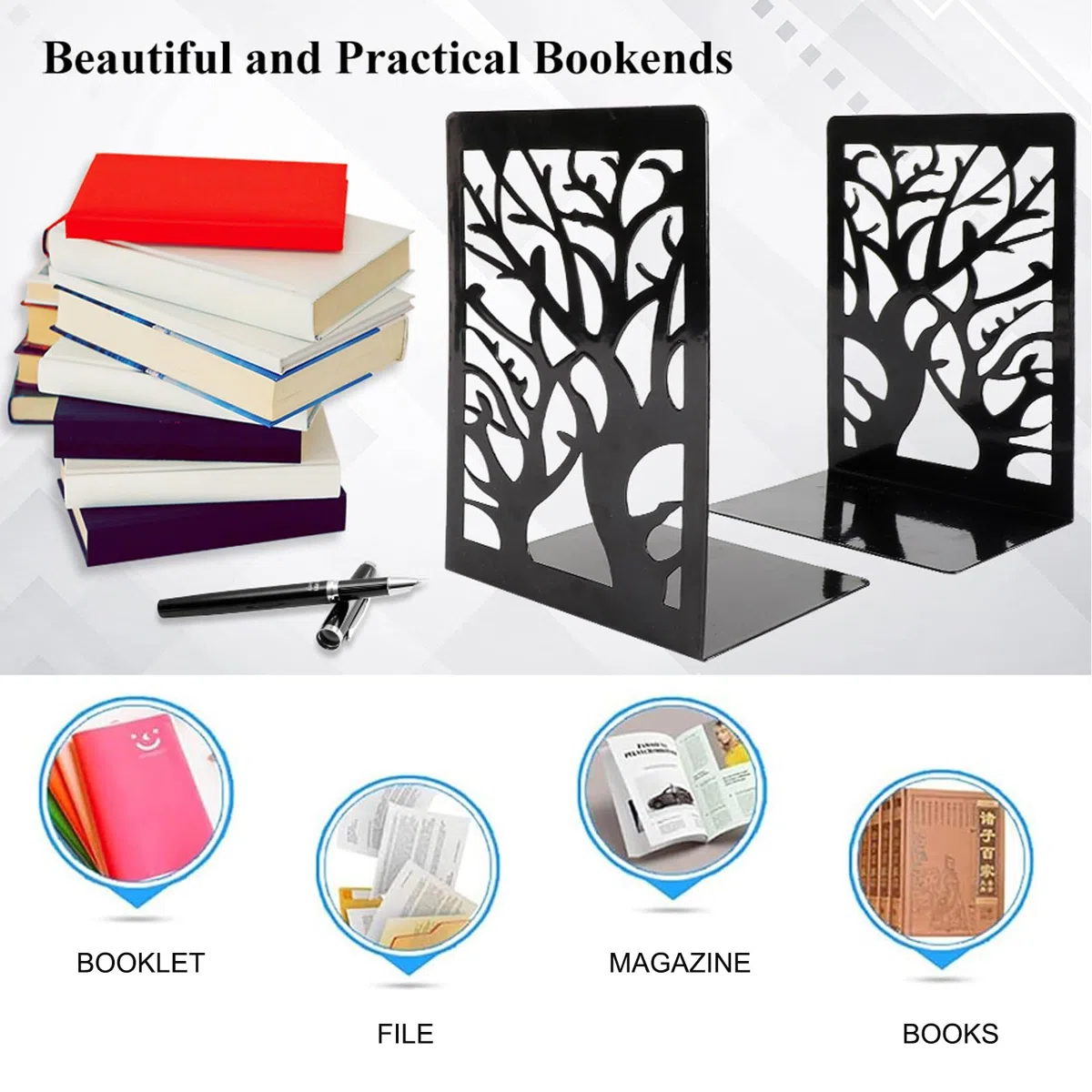 4 paia fermalibri metallo decorativo, antiscivolo per bambini, casa, ufficio, biblioteca, scuola, nero