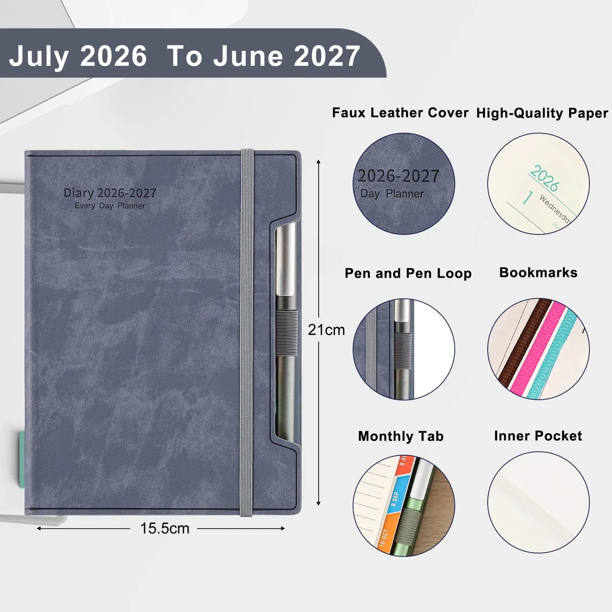 Agenda Accademica 2026-2027 A5 Una Pagina al Giorno, Pianificatore Quotidiano, Agenda 2026-2027 da Luglio 2026 a Giugno 2027, Agenda 12 Mesi, Diario Quotidiano con Copertina Rigida, Penna, Anello per