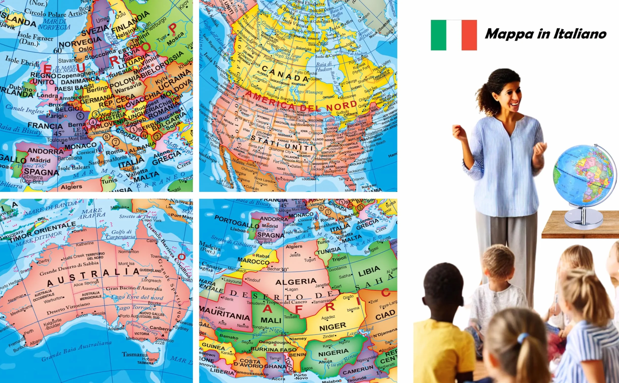 Exerz Mappamondo Illuminato 23cm Mappa Italiana Supporto Metallo LED | Modalità giorno notte con costellazioni senza fili per studio cameretta ufficio bambini dagli 8 anni e regali