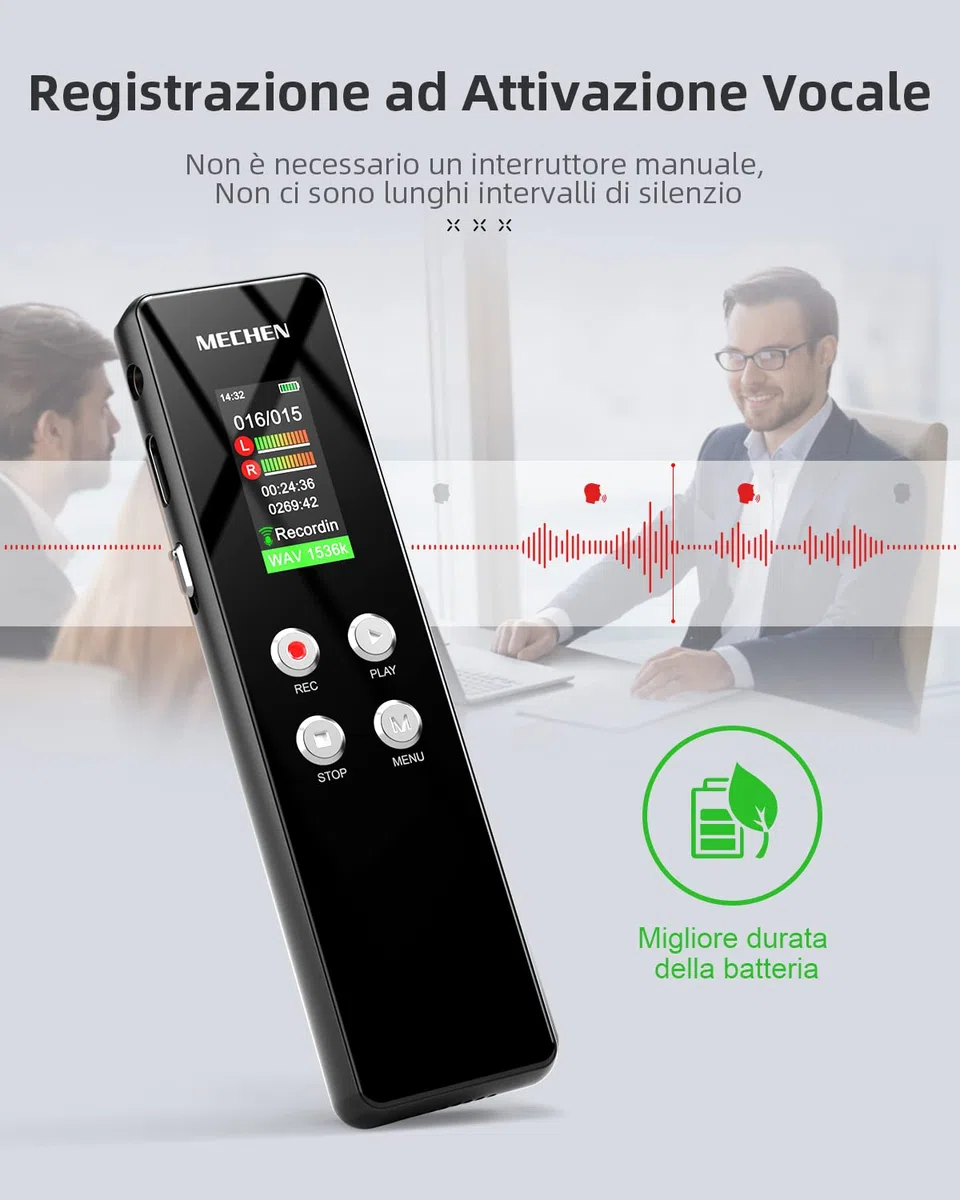 MECHEN 64GB Registratore Vocale Portatile, 1536Kbps VOR Registratore Audio, Solo Clic, Riproduzione MP3, per Lezioni Riunioni (64, GB)
