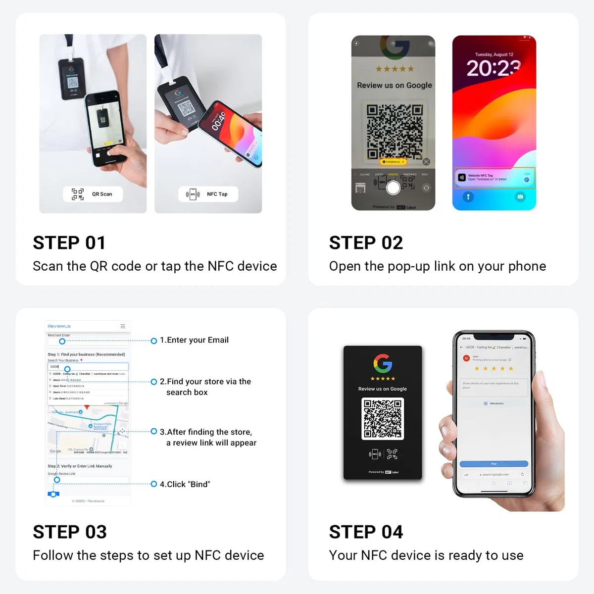 HotLabel Review Stand 1-Pack + Bonus Review Tap Card 1-Pack - White - NFC Tap & QR Code - For Business Review - Supports 2 Different Stores or Same - No App/Subscription