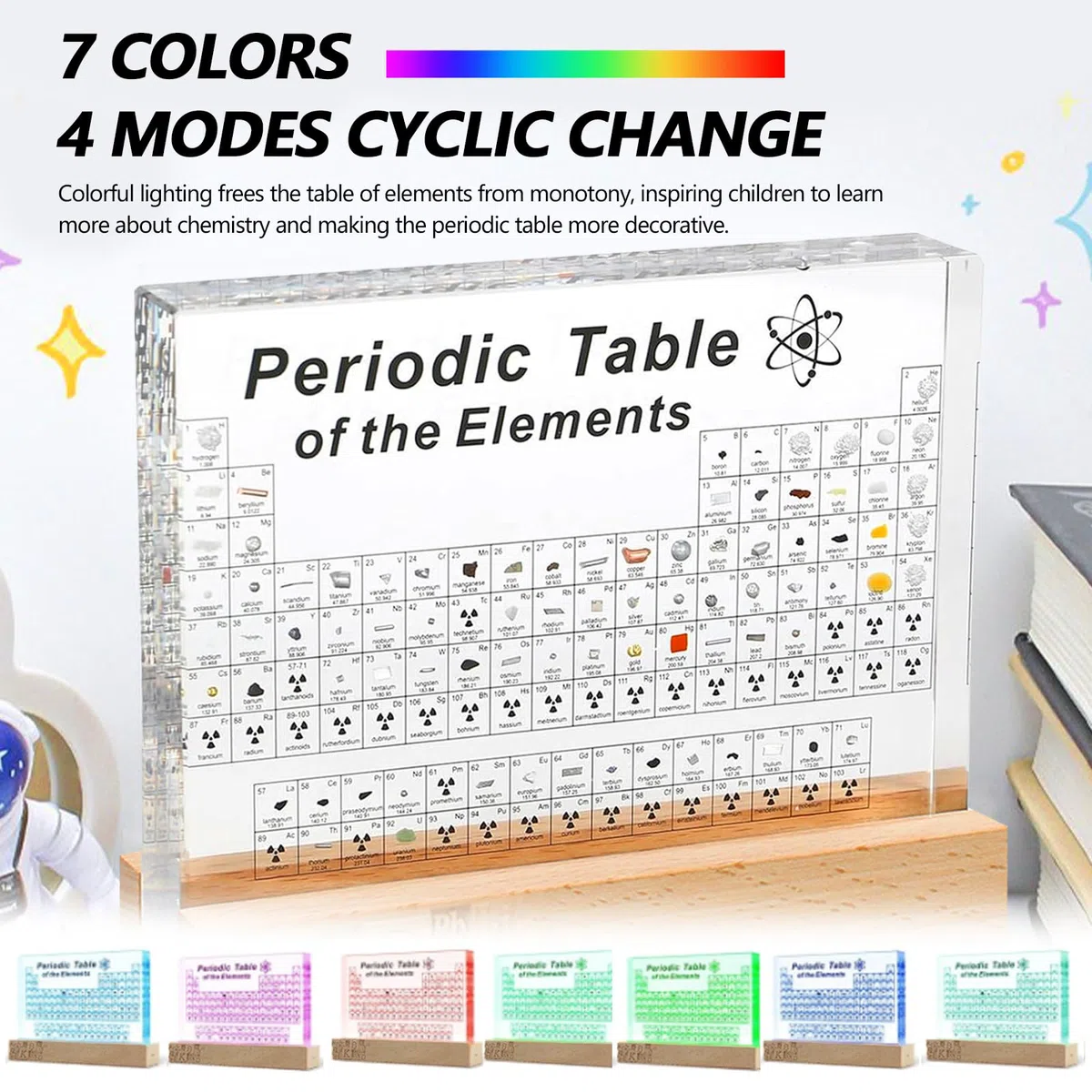 Tavola Periodica, Tavola Periodica Con Elementi Reali All'interno, con 83 Elementi Reali All'Interno, Display Della Tavola Periodica con Base di Luci a 7 Colorate LED,Strumento Didattico Elementi