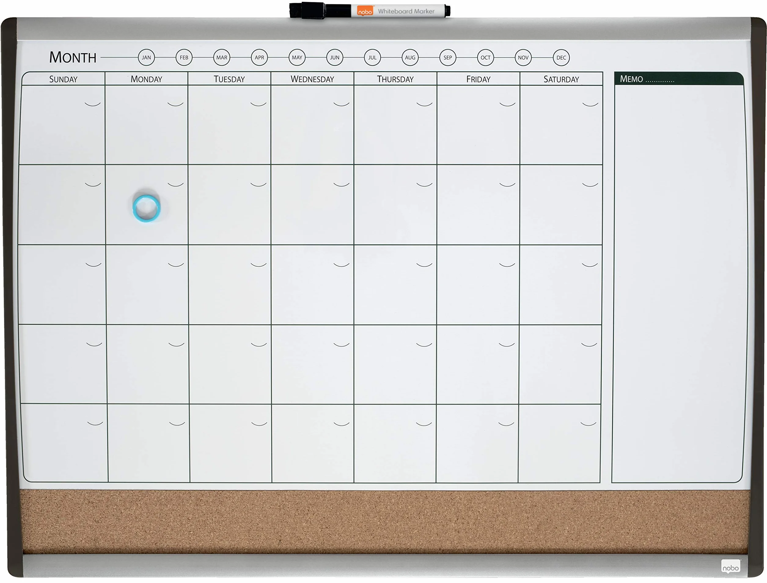 Nobo Piccola Agenda Settimanale e Mensile / Lavagna Magnetica con Bacheca in Sughero e Cornice ad Arco, Montabile a Parete, per Casa / Ufficio, 585 mm x 430 mm