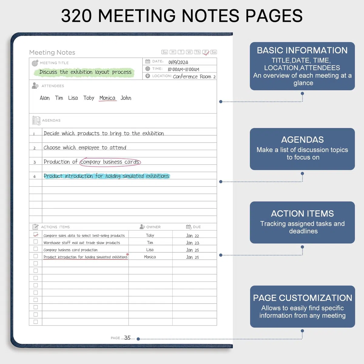 EMSHOI Taccuino per riunioni B5-320 pagine, grande diario, blocco note per lista delle cose da fare, pianificatore di produttività, organizer per progetti, quaderno con copertina rigida in pelle, per