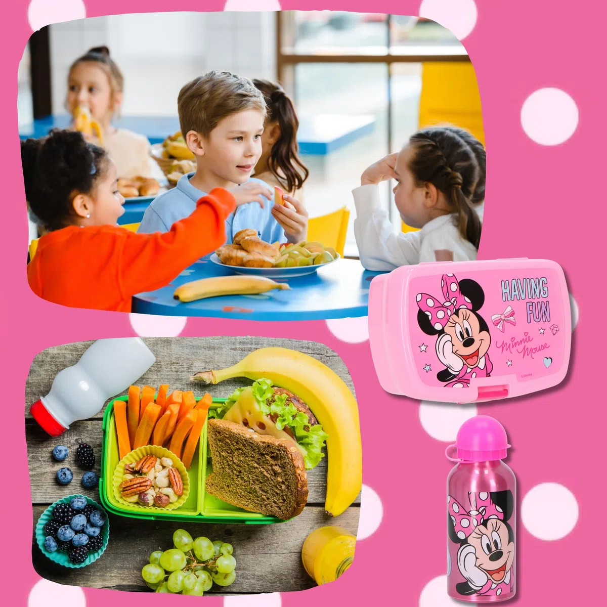 Minnie Disney Mouse - Contenitore per il pranzo con borraccia, set da 2 pezzi, rosa, ideale per scuola, asilo e gite