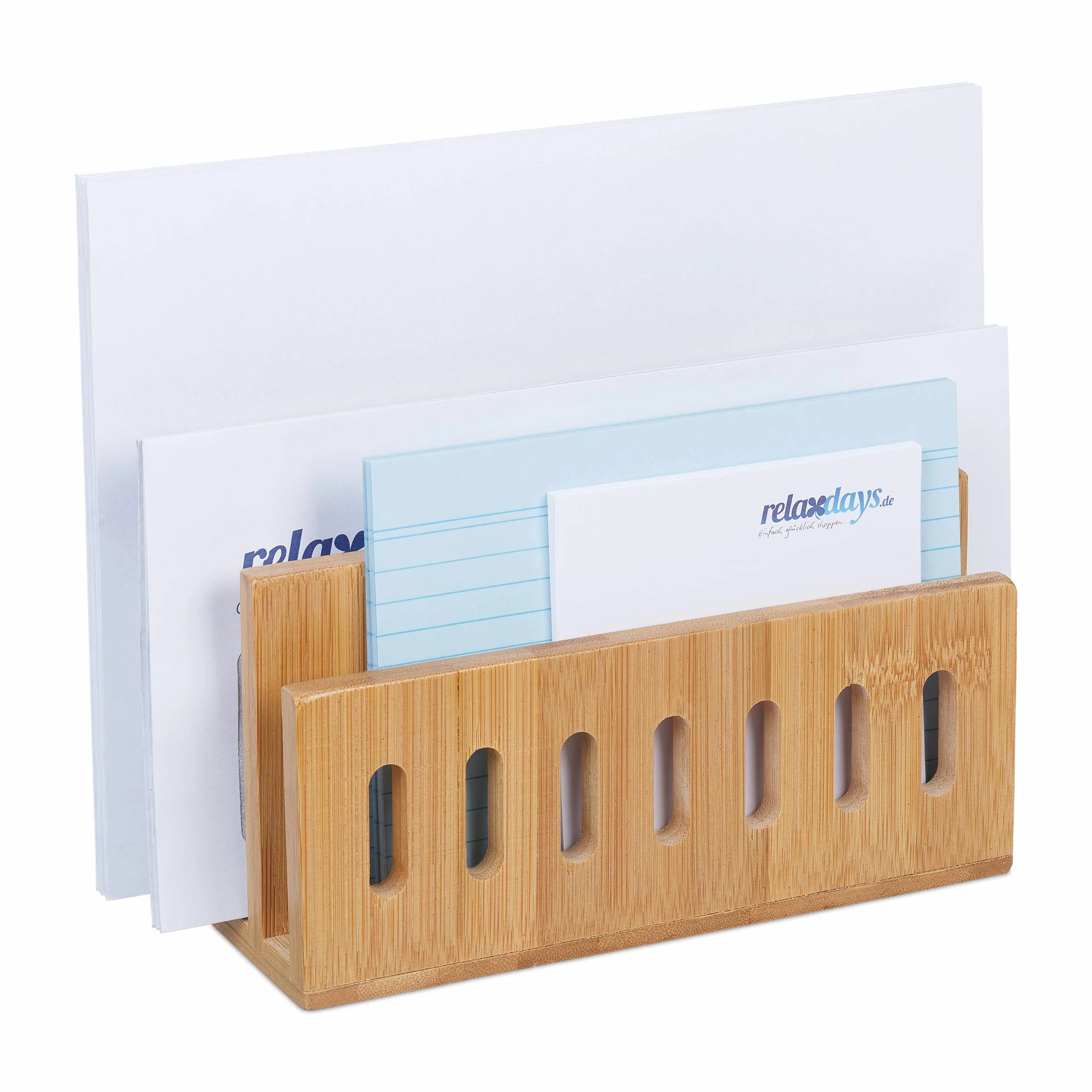 relaxdays Portalettere da Tavolo in bambù, 3 Scomparti Perforati, Portadocumenti, Lettere dal Formato, Legno Naturale