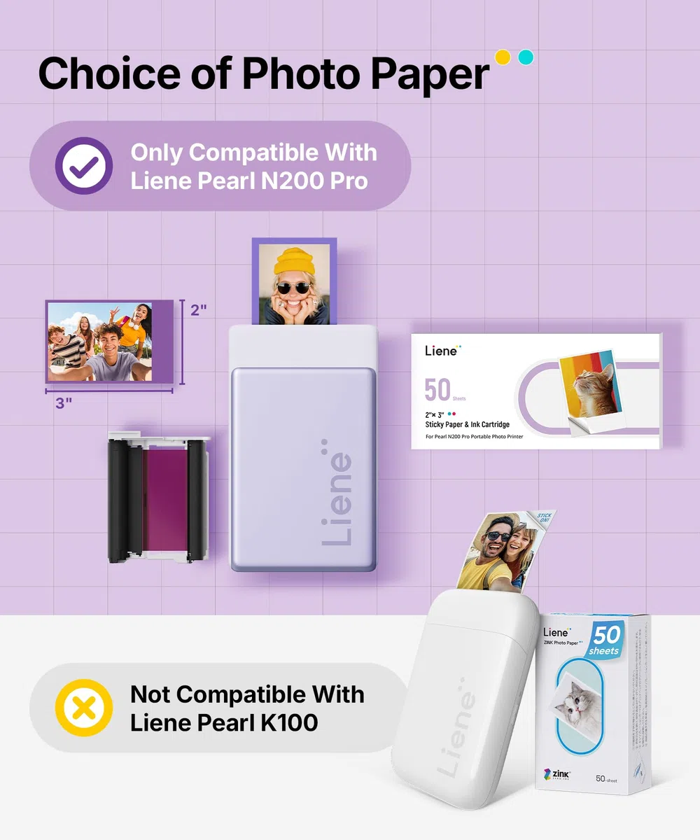 Liene Pearl N200 Pro Carta Fotografica Autoadesiva per Stampante Portatile: 50 Fogli (5x7,6 cm) + 5 Nastri. Resistente all‘Acqua, Adesivo Istantaneo. Per DMP130. Ideale per Scrapbooking e DIY.