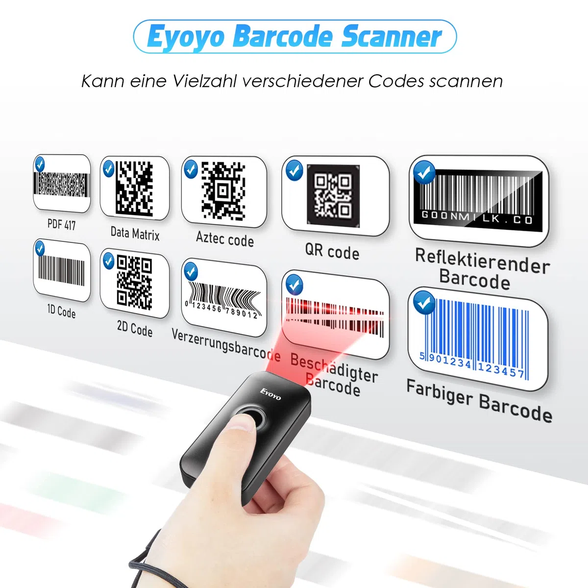 Eyoyo Mini lettore di codici a barre Bluetooth 2D, 3 in 1 USB Wired/2.4G Wireless/Bluetooth Bar Code Reader Portatile 1D QR Image Scanner PDF417 Data Matrix Code per iPad, iOS, Android