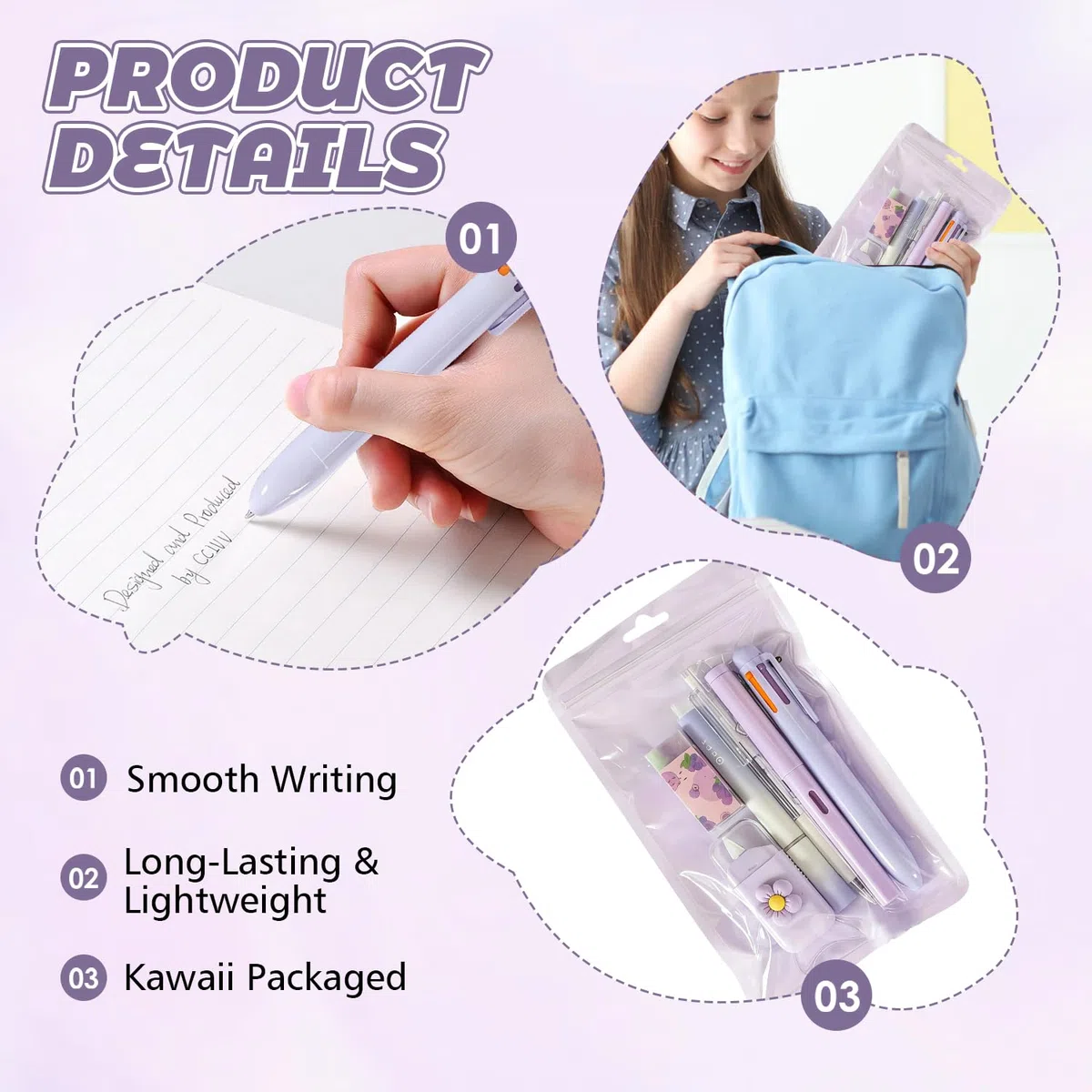 Set di 6 articoli di cancelleria viola per donne - Mini forniture kawaii per ufficio e scuola con penna a sfera, penna gel, evidenziatore, matita eterna, correttore a nastro, gomma