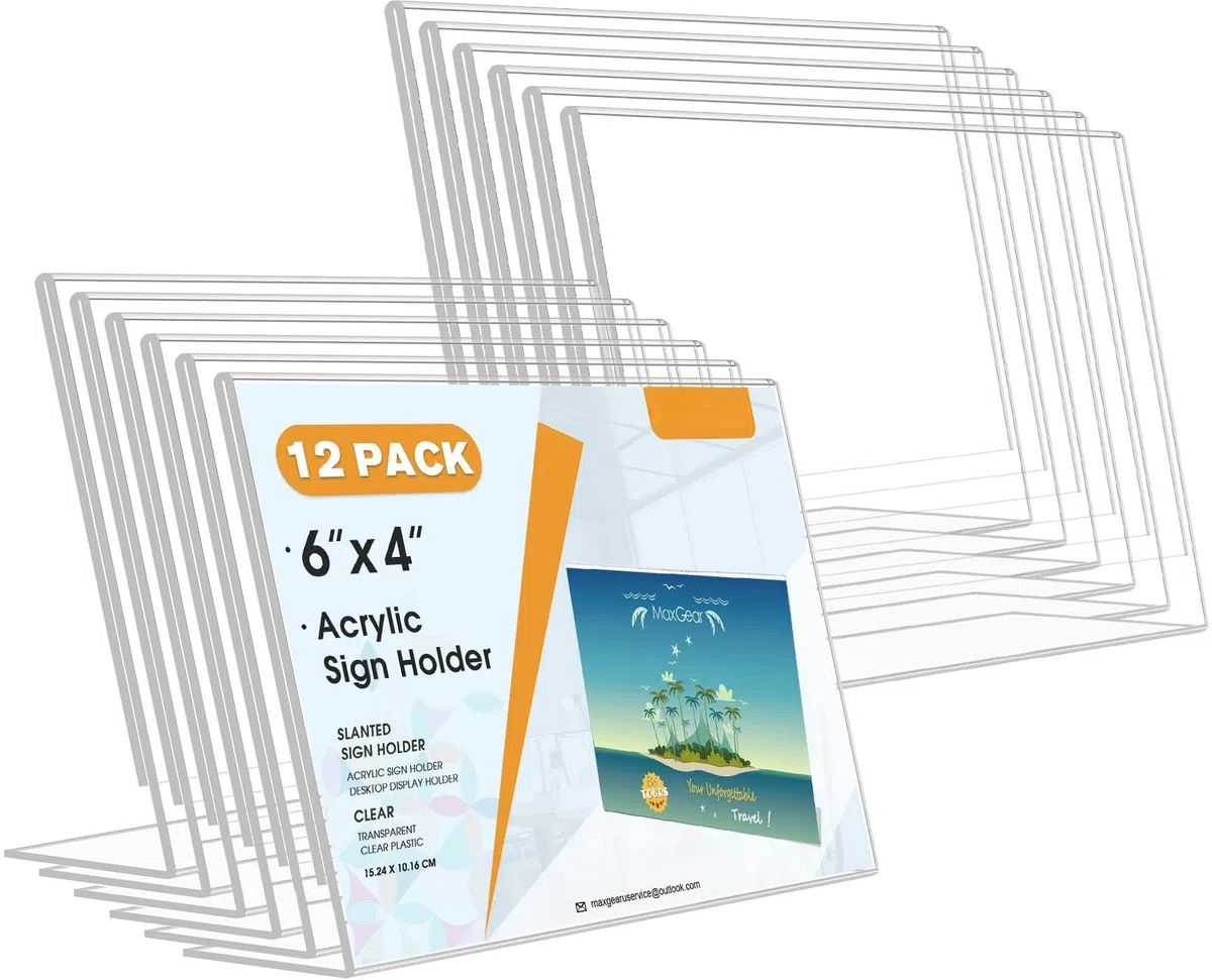 Set di 12 supporti in acrilico A6, formato A6, supporto da tavolo inclinato, formato A6, per matrimoni, uffici, opuscoli, ristoranti (15 x 10 cm)