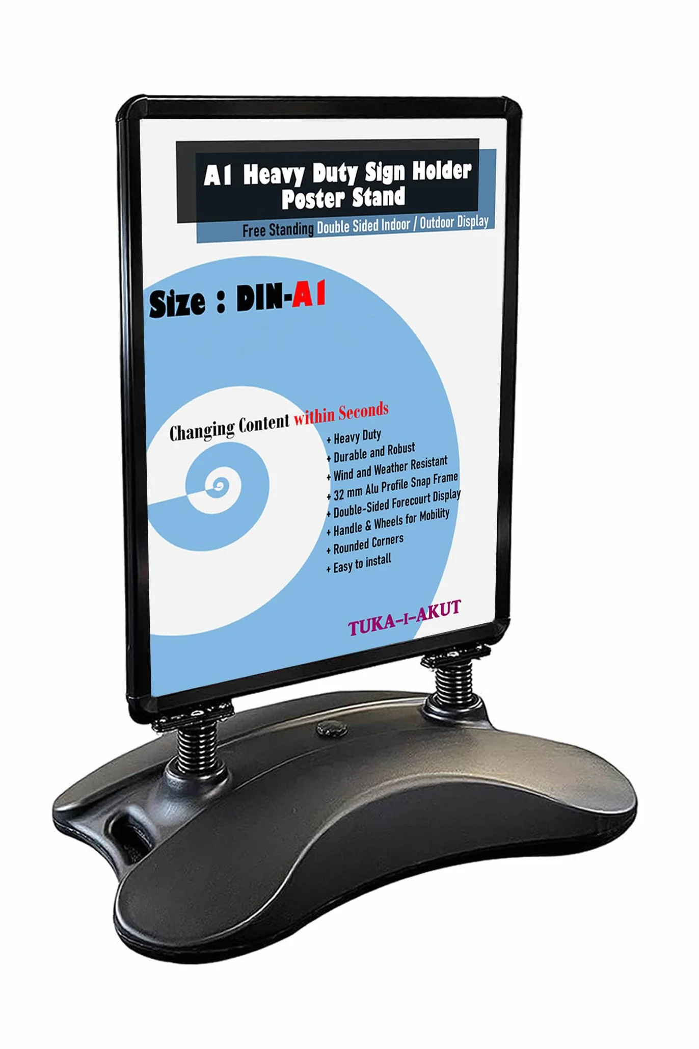 TUKA-i-AKUT A1 Supporto per Poster Bifacciale, Base Resistente con Ruote e Serbatoio, Alluminio Telaio, Cavalletto Espositore Pubblicitario per Una Posizione Sicura Interni ed Esterni, TKD8425 Nero