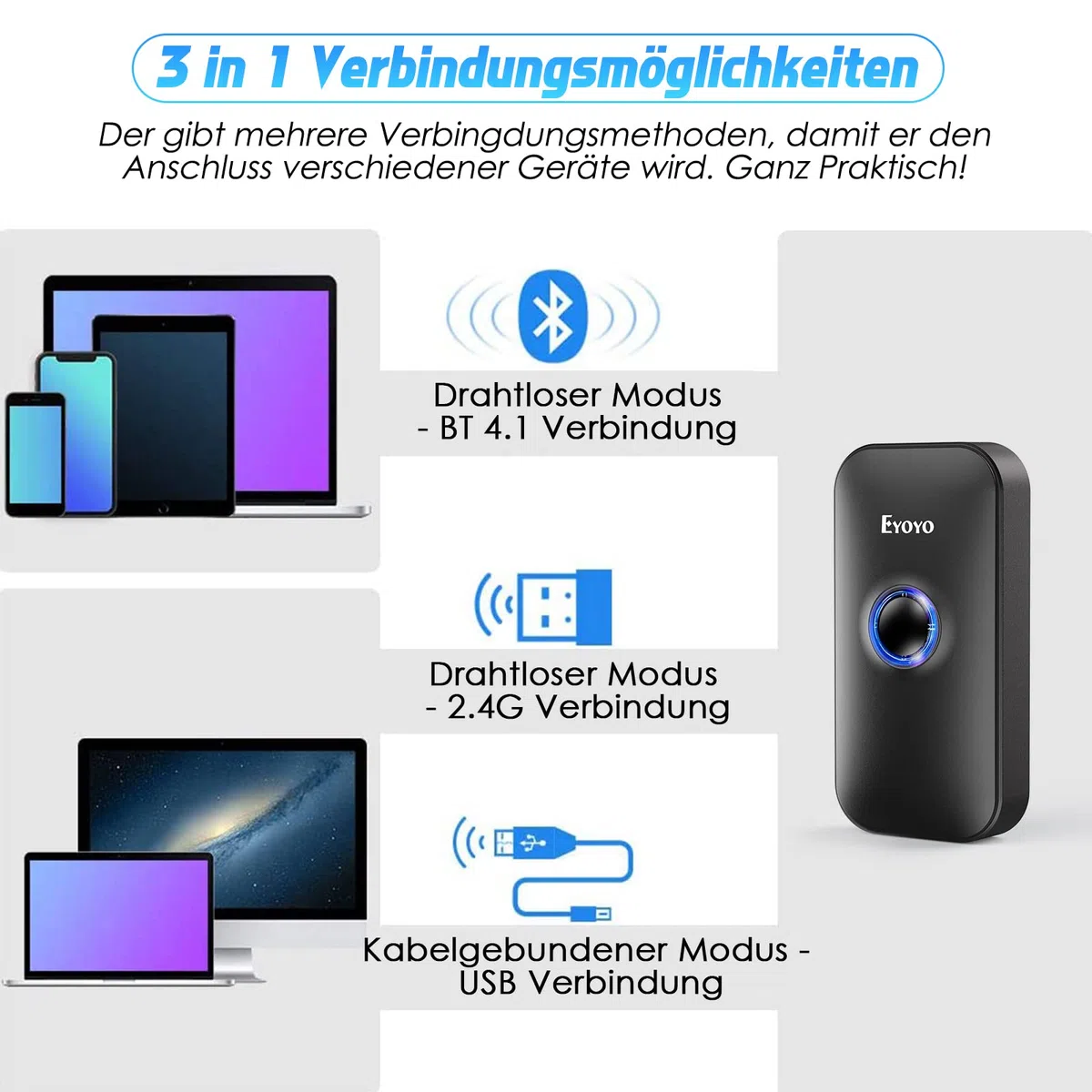 Eyoyo Mini lettore di codici a barre Bluetooth 2D, 3 in 1 USB Wired/2.4G Wireless/Bluetooth Bar Code Reader Portatile 1D QR Image Scanner PDF417 Data Matrix Code per iPad, iOS, Android