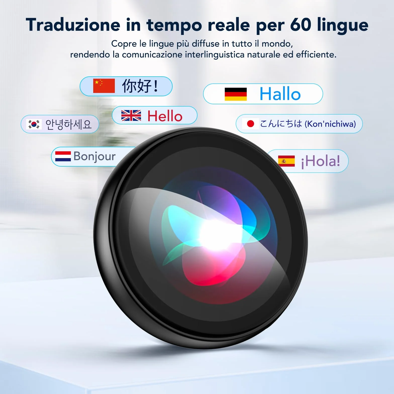 AI Badge - Traduttore vocale con 60 lingue in tempo reale, Bluetooth 6.0, Smart E-Badge portatile con schermo LCD HD touch screen, traduttore vocale per viaggi, affari