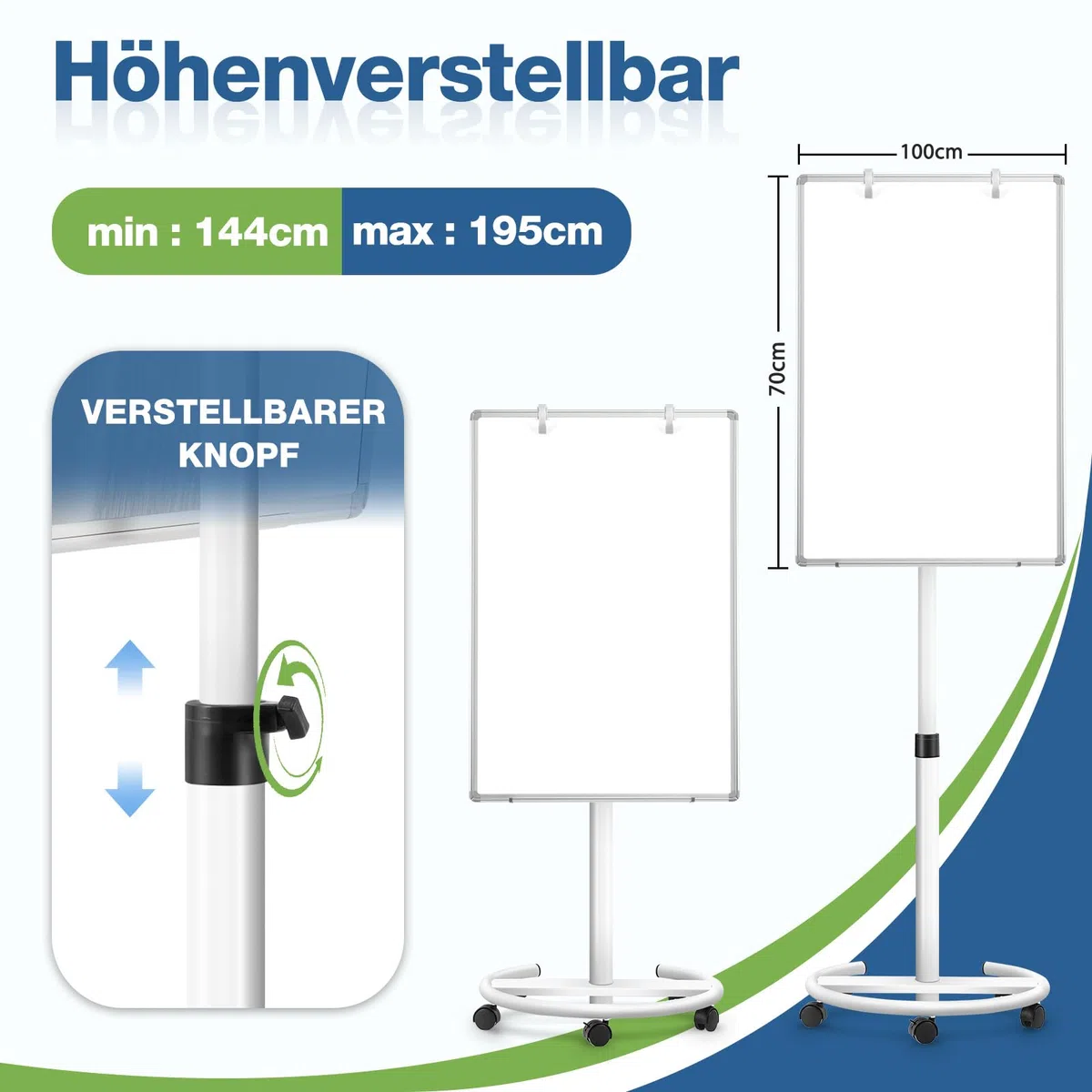 Lavagna bianca mobile, 70 x 100 cm, lavagna magnetica con supporto, lavagna a fogli mobili regolabile in altezza, Dry Erase Standing White Board per ufficio, lezioni