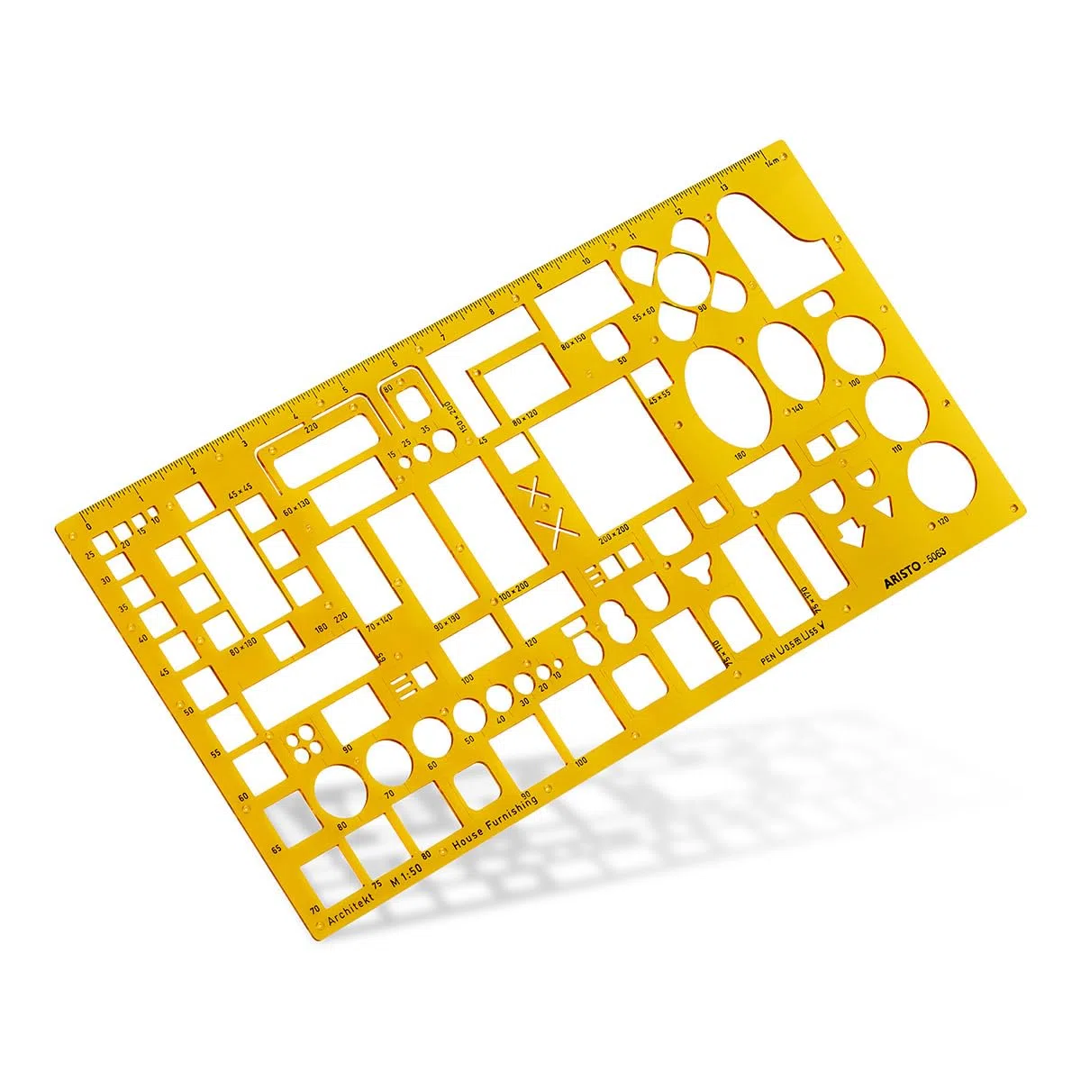 Aristo AR5063 Stencil per mobili da architetto (1:50, esposizione di piani di arredamento, gommini di inchiostro, plastica PET dimensionalmente stabile), arancione/trasparente