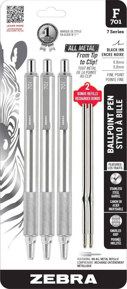 Zebra Pen Penna a sfera retrattile F-701, punta fine da 0,8 mm, corpo in acciaio inossidabile, ideale per regali per insegnanti, materiale scolastico e forniture per ufficio, inchiostro nero