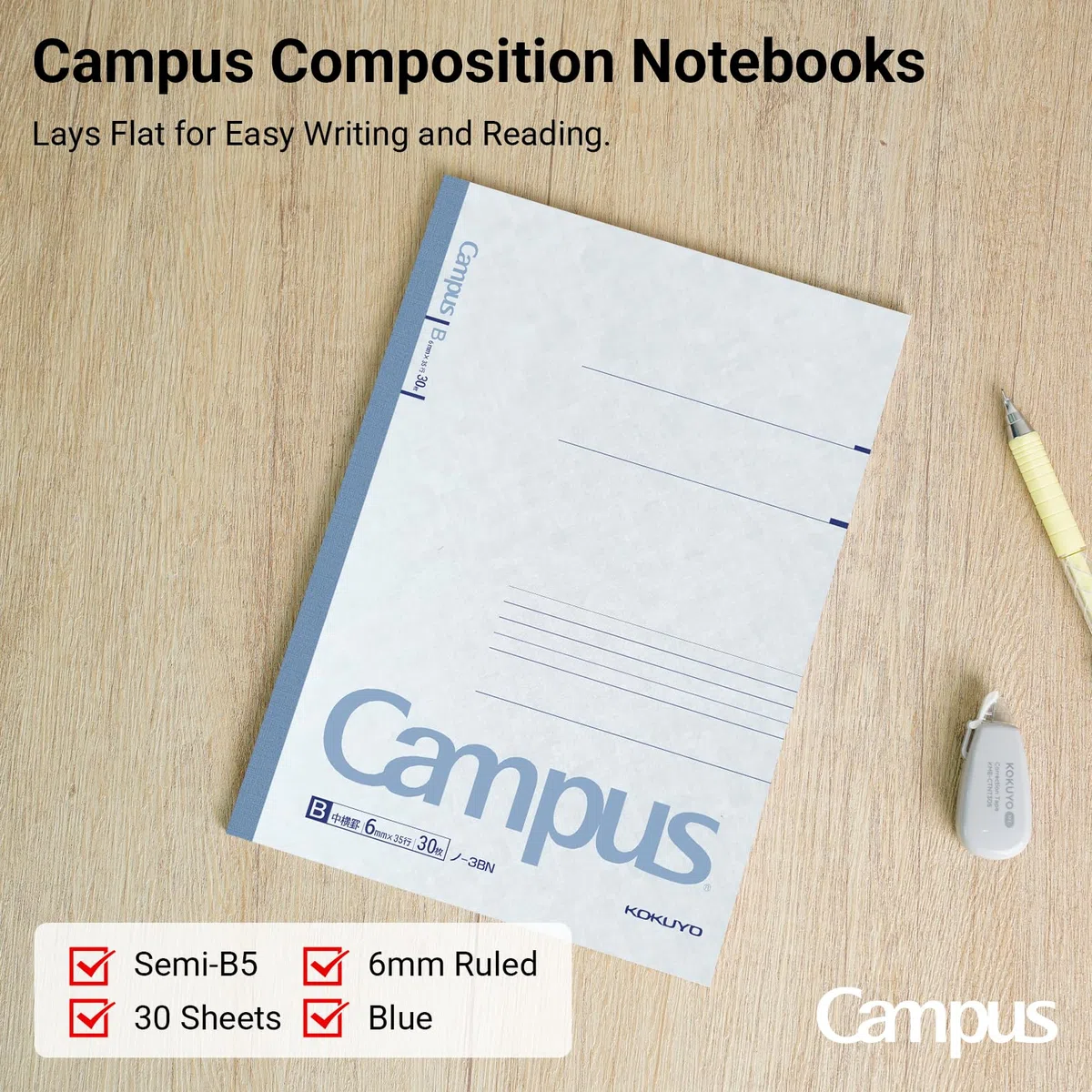 KOKUYO Campus NO-3BNX10 Taccuino a righe B, 6 mm, semi-B5, 30 fogli, 35 righe, blu, confezione da 10