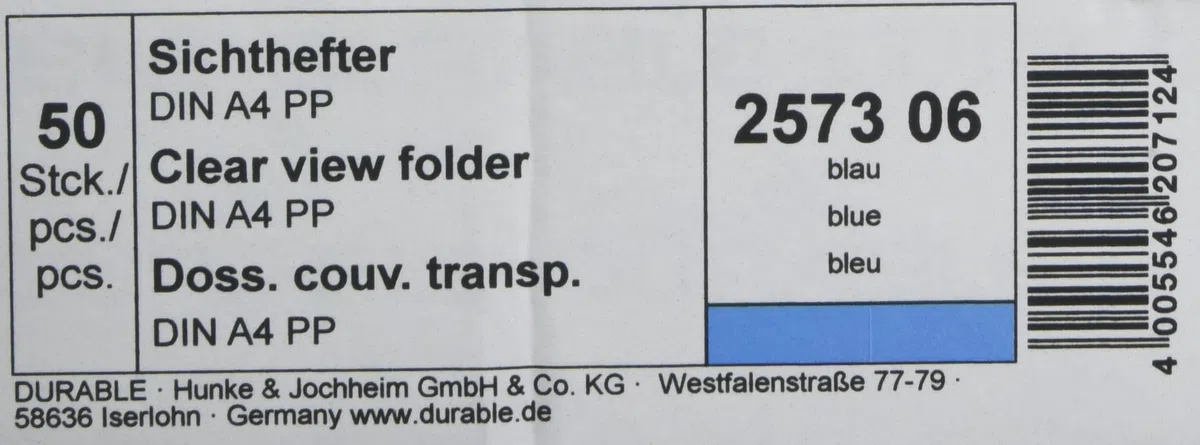 Durable 257306 Cartellina ad Aghi Clear View, Formato A4, Fronte Trasparente e Retro Colorato, Etichetta Longitudinale, Azzurro, Confezione da 50 Pezzi