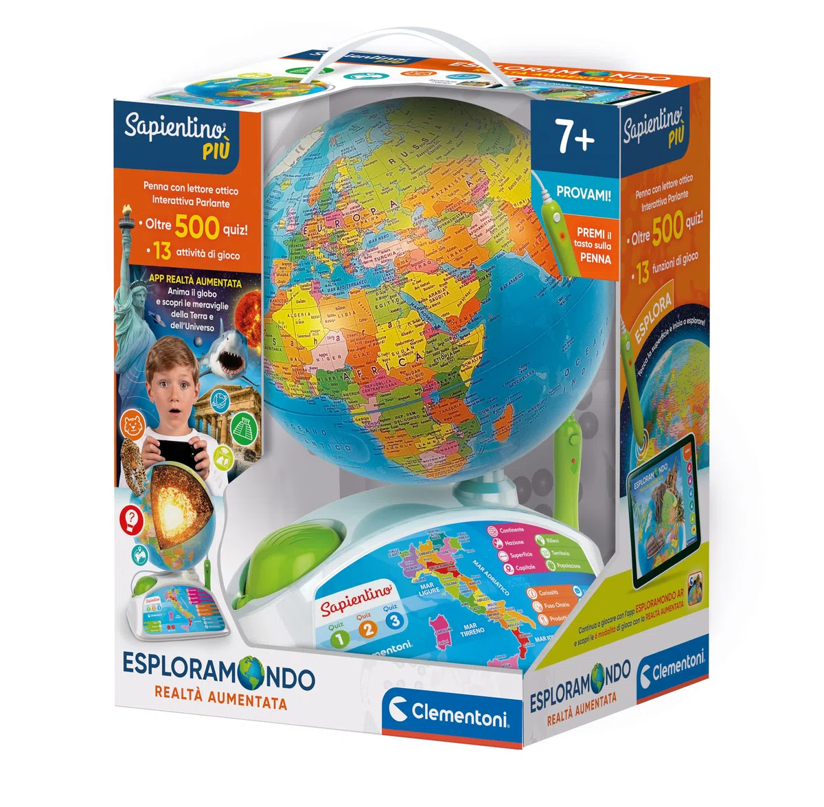Clementoni - Sapientino Esploramondo Realtà Aumentata, Mappamondo Educativo per Bambini dai 7 Anni in su, Globo Educativo con Penna Interattiva e App Dedicata, Made in Italy, Lingua Italiana, 16032