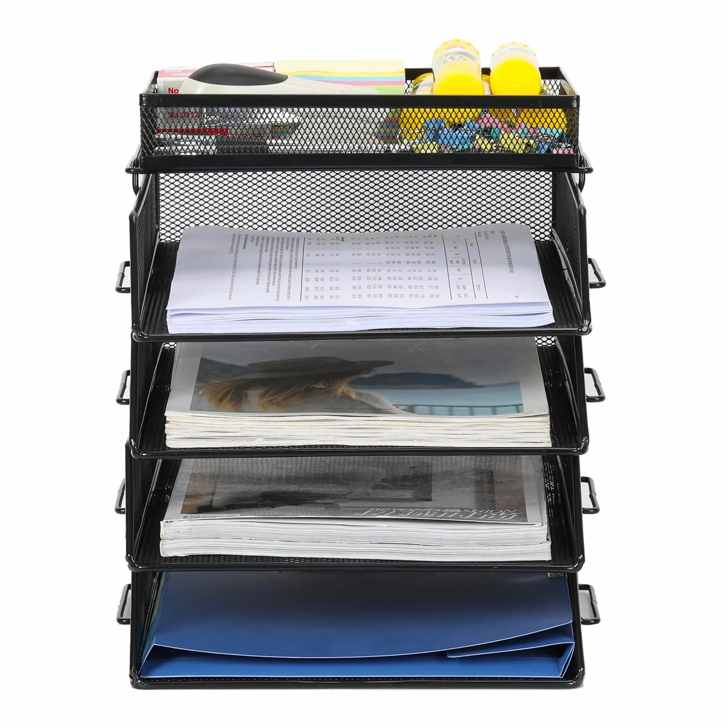 EasyPAG Portadocumenti da Scrivania A4 5 Compartimenti Metallo Rete,Organizzatore Carta,Vassoio Lettere,Ripiano Portacorrispondenza per Ufficio & Casa,Nero