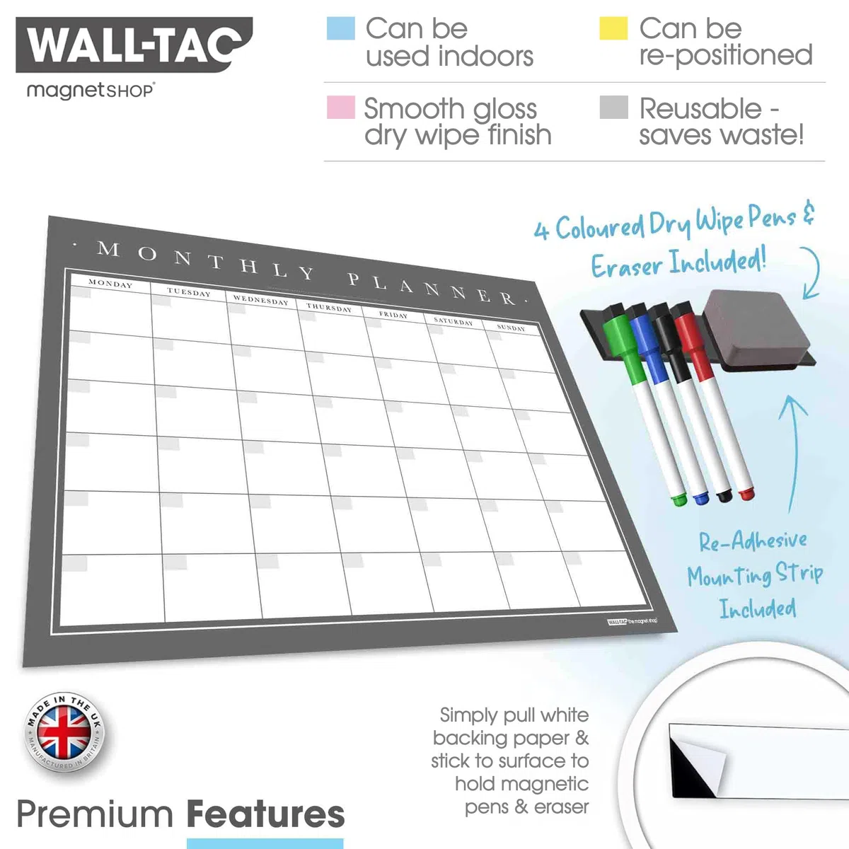 WallTAC Planner mensile da parete A2 | con pennarelli per lavagna bianca | Calendario cancellabile a secco facile da rimuovere e riutilizzare | bacheca per la preparazione dei pasti [60 x 42 cm]