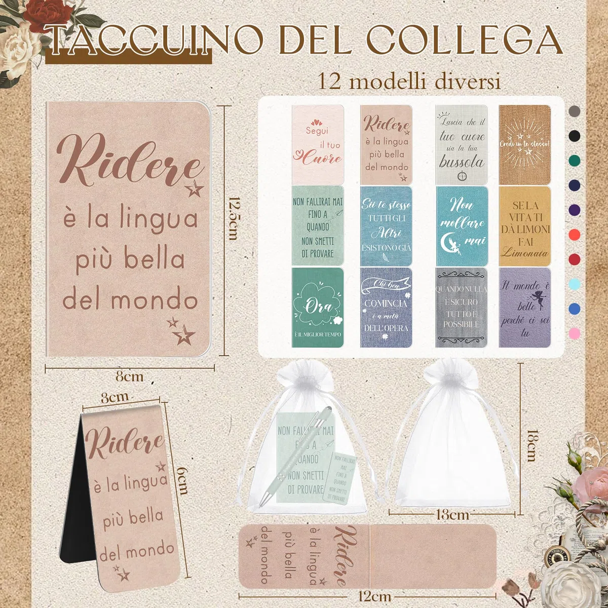 Nezyo 12 Set Regali Motivazionali Includi 12 Taccuini Motivazionali 12 Penne con Frasi in Italiano 12 Segnalibri Magnetic Portafortuna per Alunni Regali di Natale per Colleghi Amici(Colori retrò)