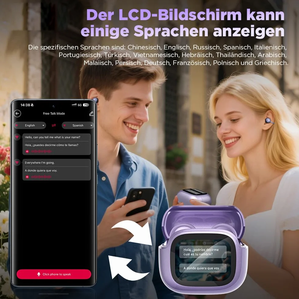 AI - Traduttore per cuffie NE32, in tempo reale, 136 lingue con app, cuffie Bluetooth senza fili, 3 in 1,40H, per iOS e Android, apprendimento, da viaggio viola