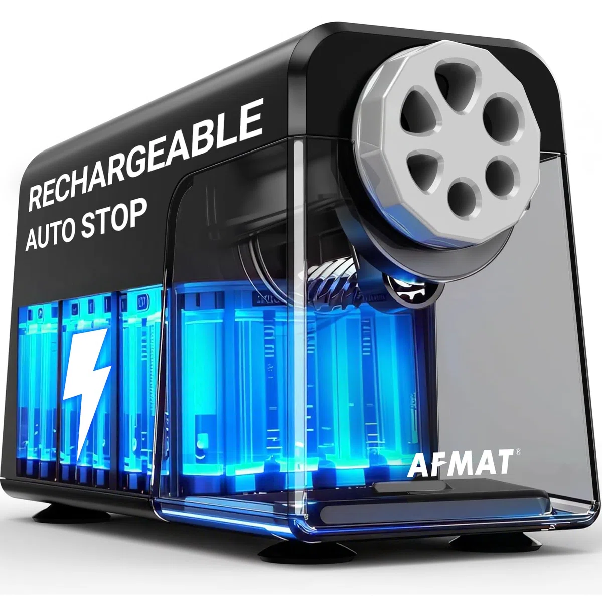 AFMAT Temperamatite elettrico a 6 fori con contenitore, autostop & matite, ricaricabile, temperamatite elettrico per 6 – 11 mm n. 2/grandi/pastelli, 10.000 punte,Nero