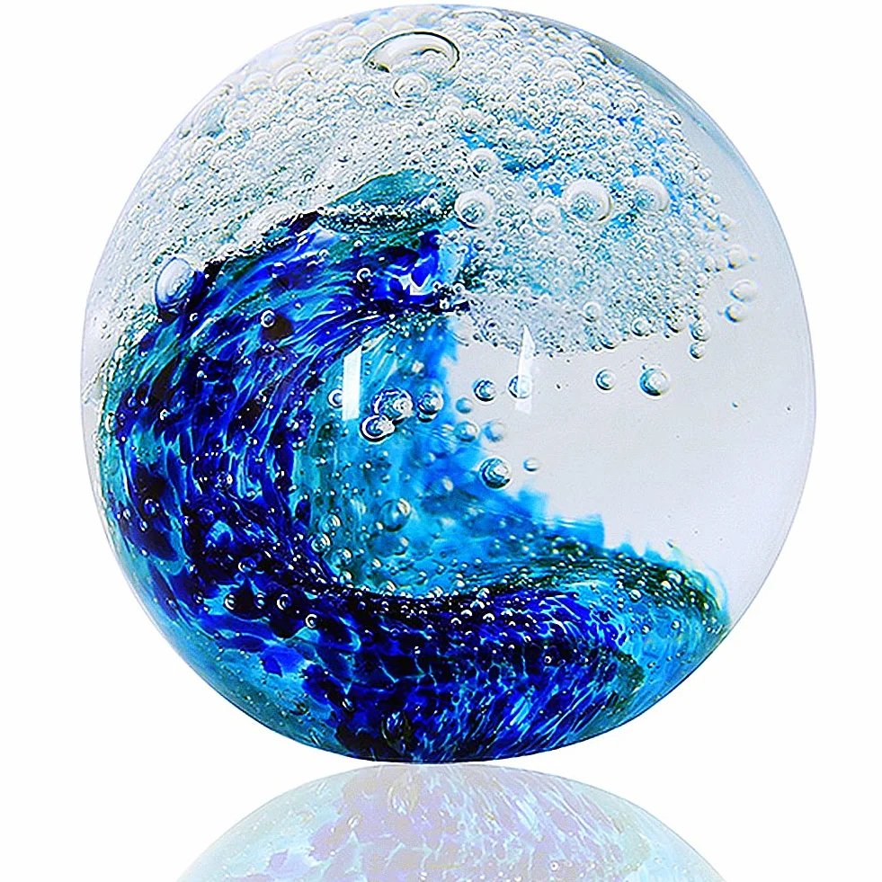 EUSTUMA Statuette in vetro soffiato a mano con onde oceaniche, fermacarte in vetro per scrivania, decorazione per la casa da collezione, per acquario e ufficio