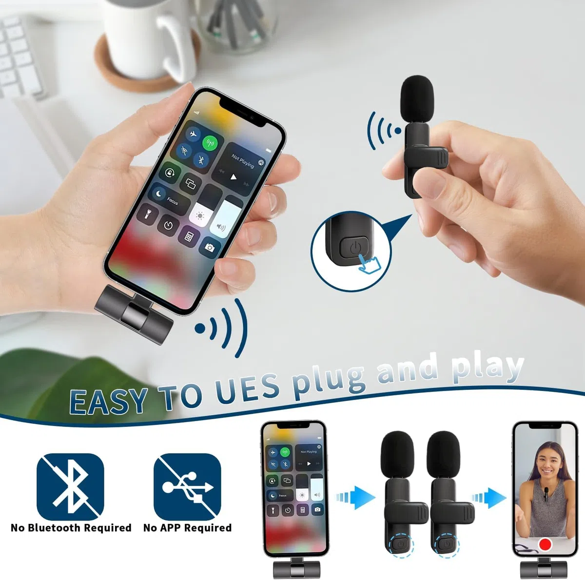 Microfono Lavalier wireless compatibile con iPhone/iPad e dispositivi di tipo C. 4 varianti disponibili con 2 varianti con variante Lightning e variante Tipo C (Plug and Play) (IOS - 2 Mic)