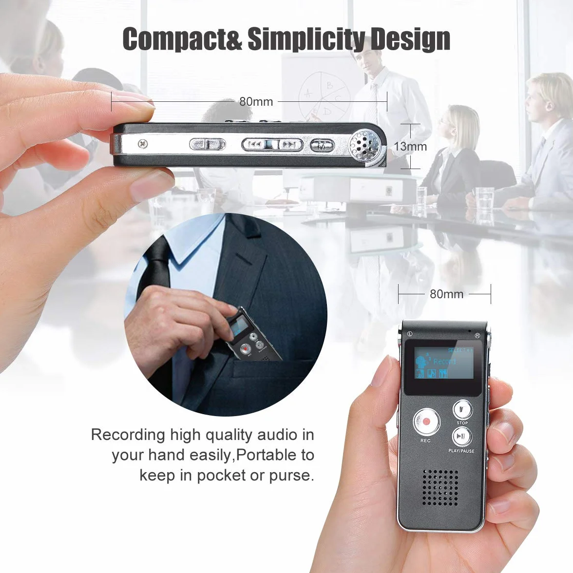 Portable Digital Voice Recorder Registratore Audio Audio Registratore Digitale LCD Lettore MP3-8GB ((Black)