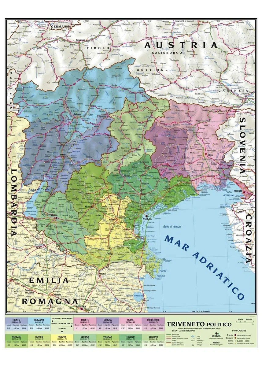 Carta geografica murale regionale Triveneto 100x140 bifacciale fisica e politica