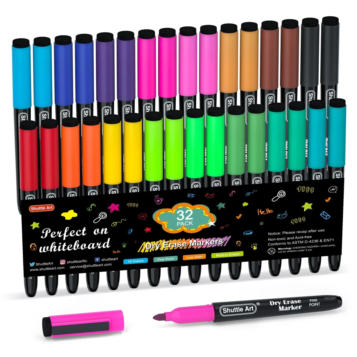 Shuttle Art Confezione da 32 Pennarelli Lavagna Bianca Cancellabile, 16 colori magnetici per lavagna bianca, pennarelli per cancellare a secco con gomma, ufficio, casa