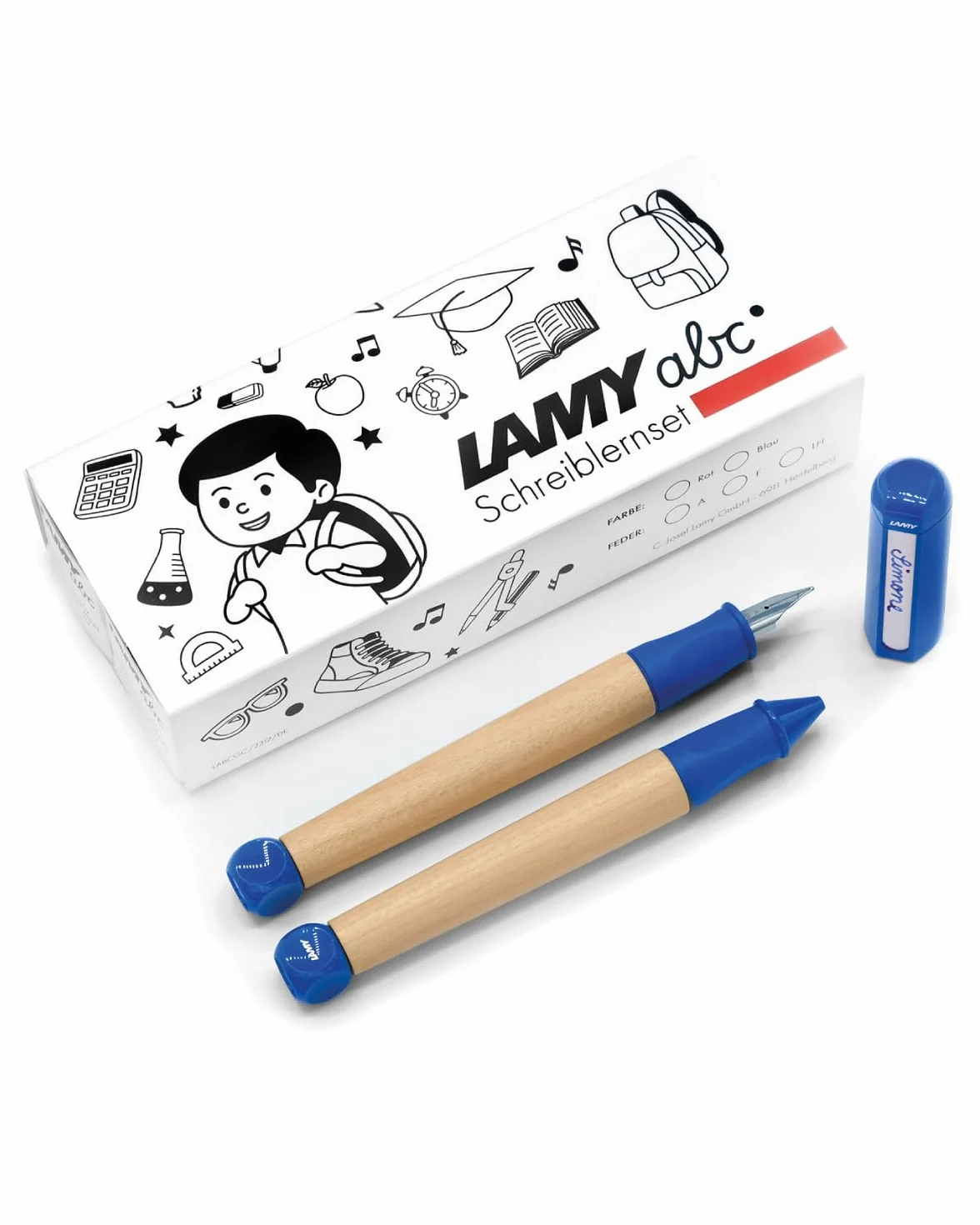 Lamy abc - Set per imparare a scrivere, in confezione regalo, 1 penna stilografica per bambini con pennino per mancini e 1 matita, impugnatura antiscivolo, cappuccio e cubo in plastica
