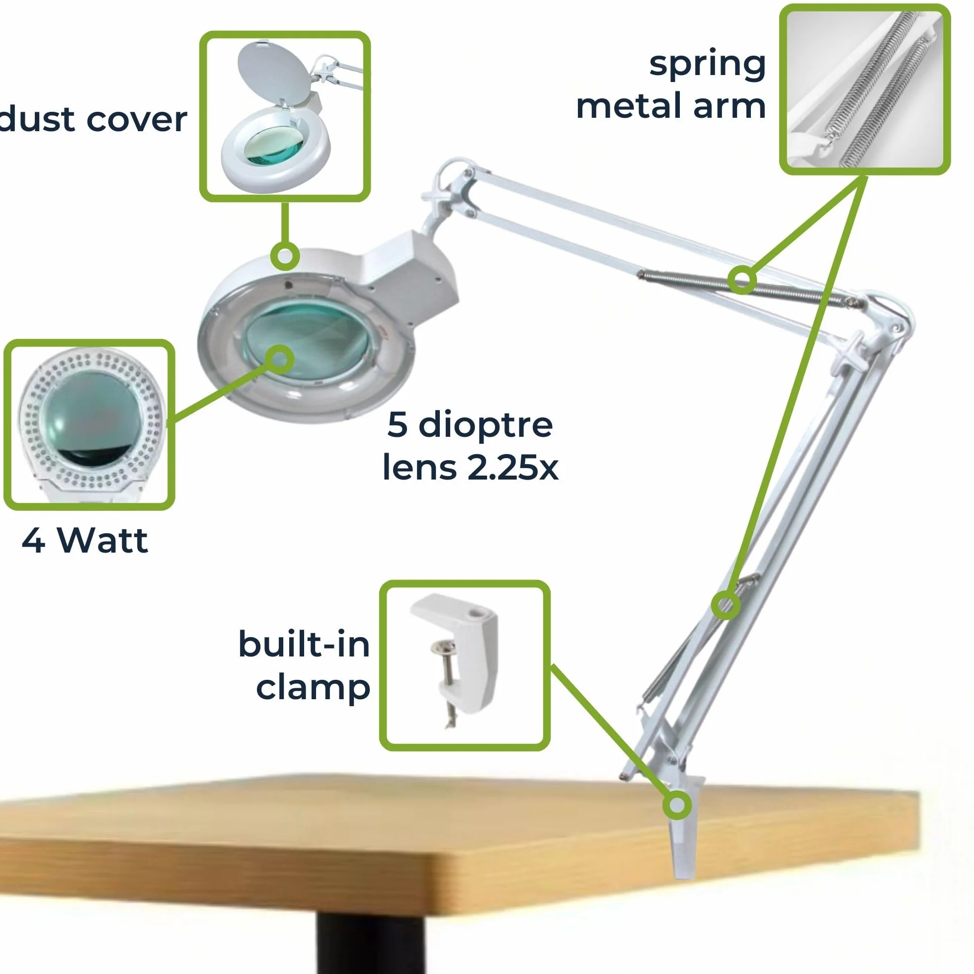 Velleman Lampada LED con lente e morsetto, lampada d'ingrandimento 4 W, 48 LED, ingrandimento 2,25x, lente 5 diottrie 120 mm, luce diurna 6400 K, per lettura, hobby, beauty e precisione